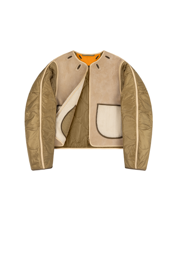 Aviator Bonded Alpaca Jacket - Stone Suede / Natural Alpaca - Layer 1