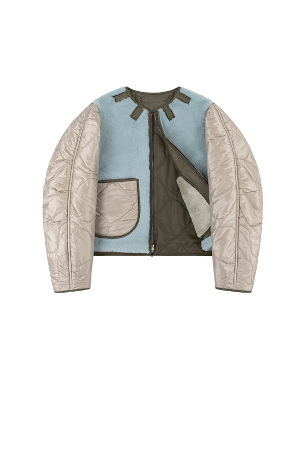 Aviator Shearling Jacket - Dark Olive / Sky Blue - Layer 1