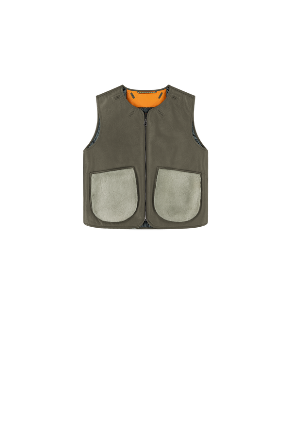 Aviator Shearling Vest - Dark Olive / Sky Blue - Layer 2