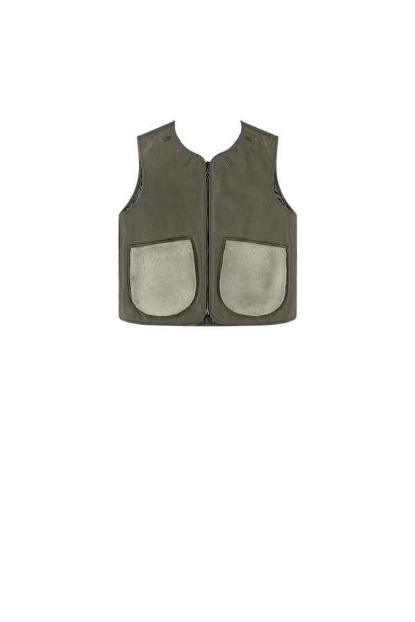 Aviator Shearling Vest - Dark Olive / Sky Blue - Layer 5