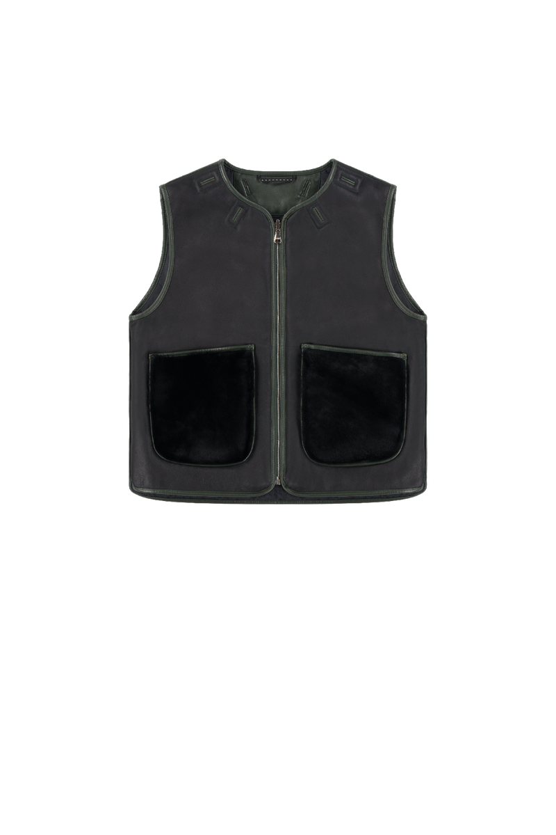 Aviator Shearling Vest - Black / Dark Olive - Layer 2