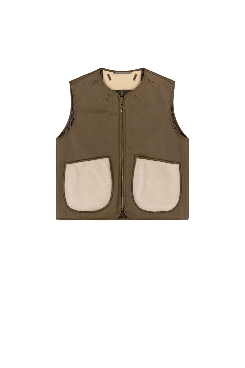 Aviator Shearling Vest - Moss / Blush - Layer 2
