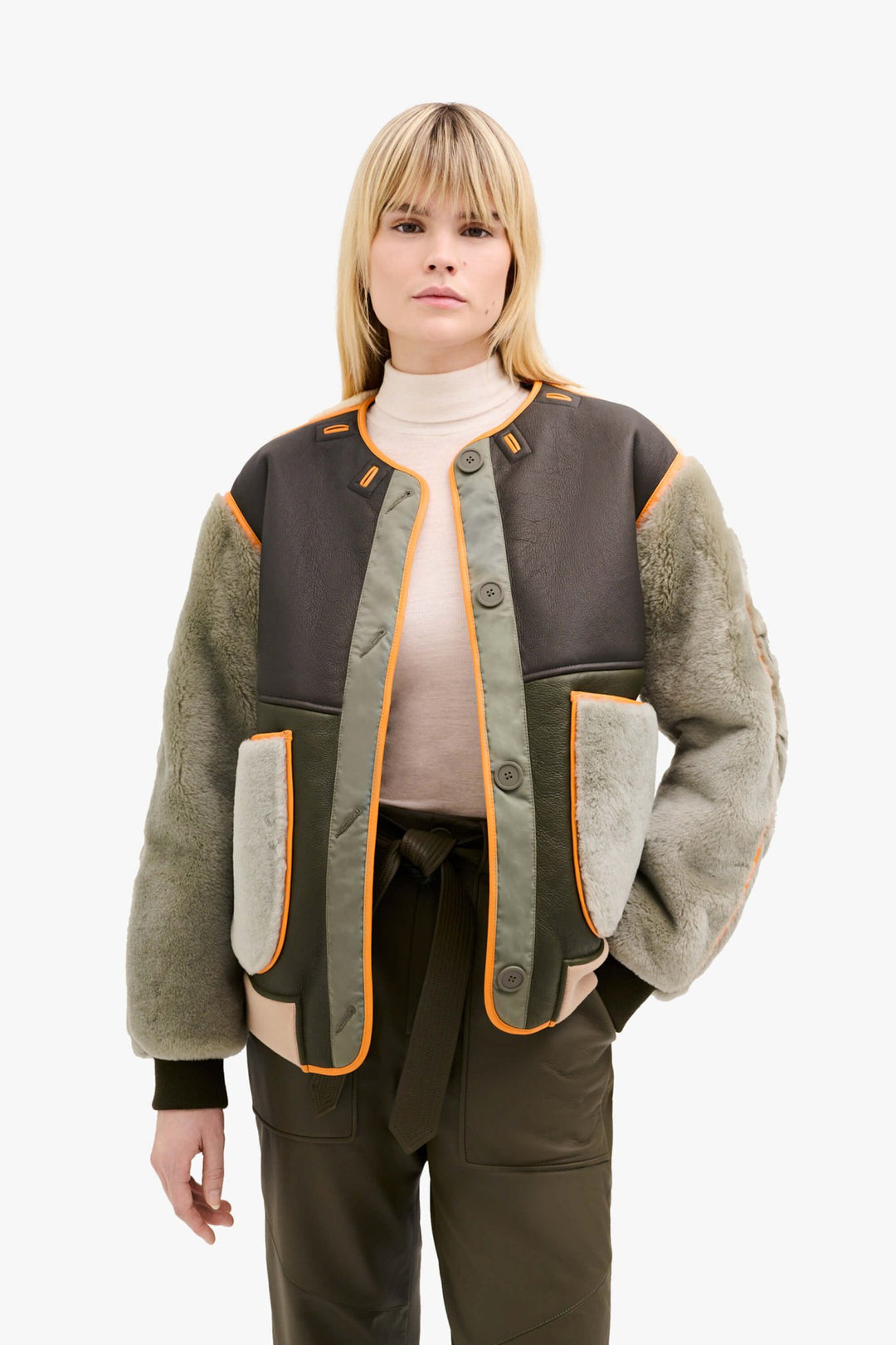 Shearling Wool Bomber - Forest Green / Pale Jade & Natural
