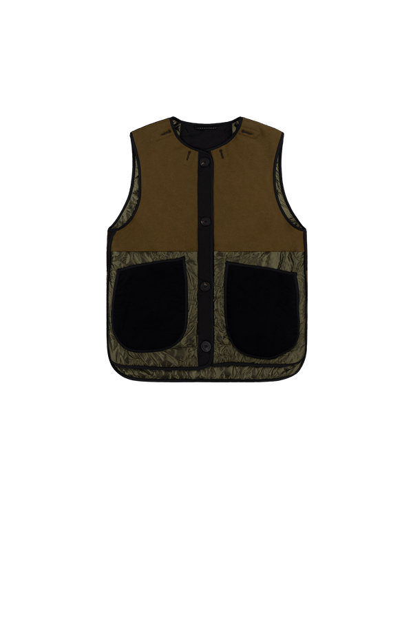 Signature Patchwork Wool Vest - Moss & Chocolate / Olive - Layer 2