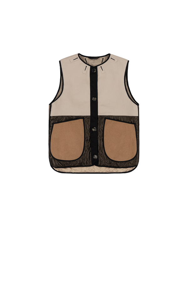 Signature Patchwork Wool Vest - Stone & Mocha Brown / Stone - Layer 2