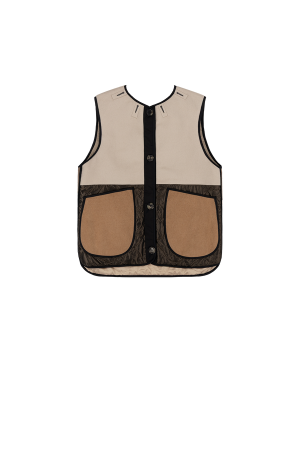 Signature Patchwork Wool Vest - Stone & Mocha Brown / Stone - Layer 5