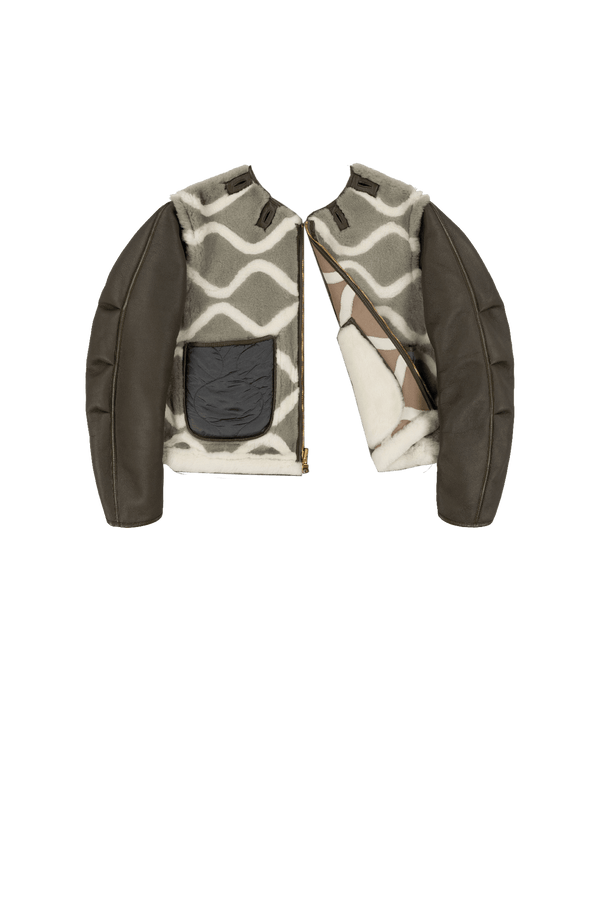 Intarsia Shearling Cropped Aviator Jacket - Taupe / Pale Jade - Layer 6