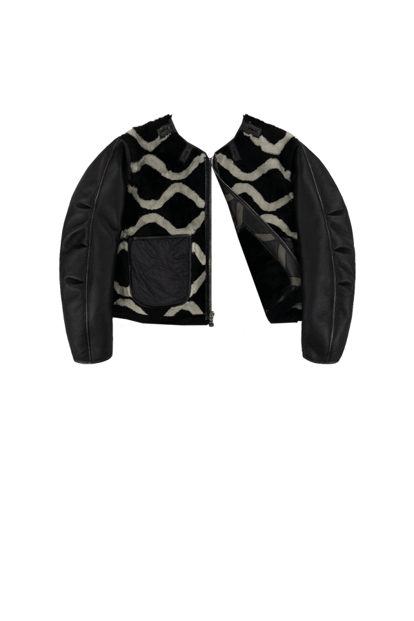 Intarsia Shearling Cropped Aviator Jacket - Black / Black - Layer 6