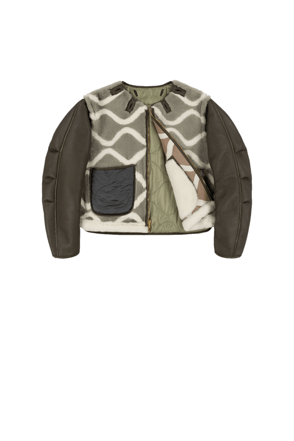 Intarsia Shearling Cropped Aviator Jacket - Taupe / Pale Jade - Layer 1