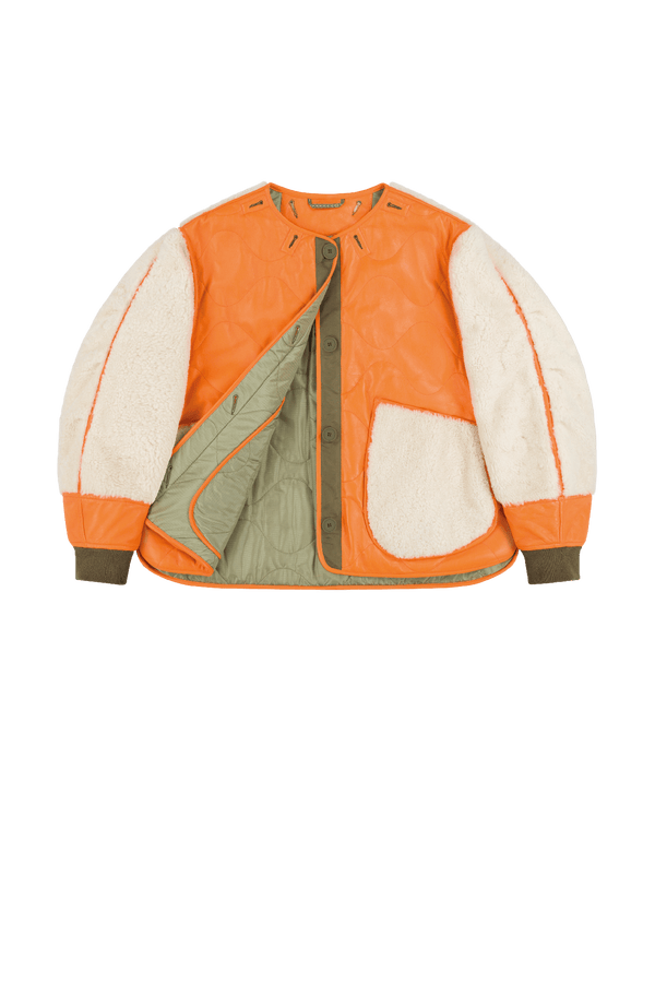 Shearling Leather Quilt Bomber - Orange / Pale Sage - Layer 1