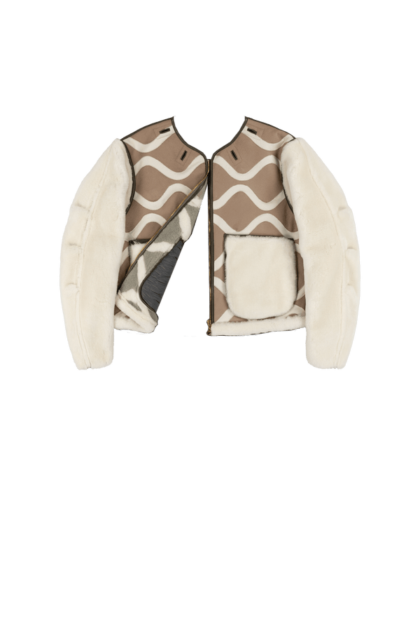 Intarsia Shearling Cropped Aviator Jacket - Taupe / Pale Jade - Layer 6